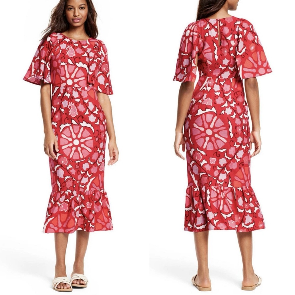 RHODE Zinnia Floral Print Bell Sleeve Midi Dress